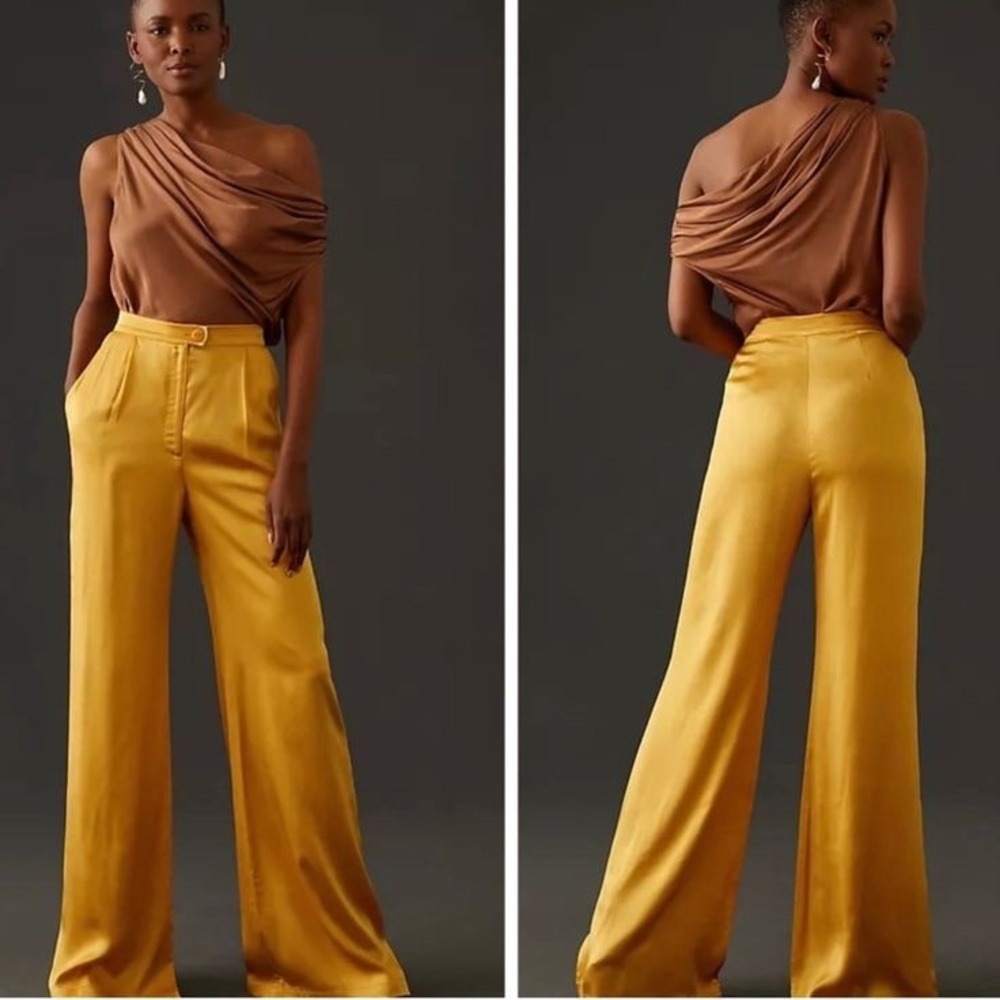 Corey Lynn Calter Mustard Yellow Satin Wide Leg High Waist Trousers Pants Small